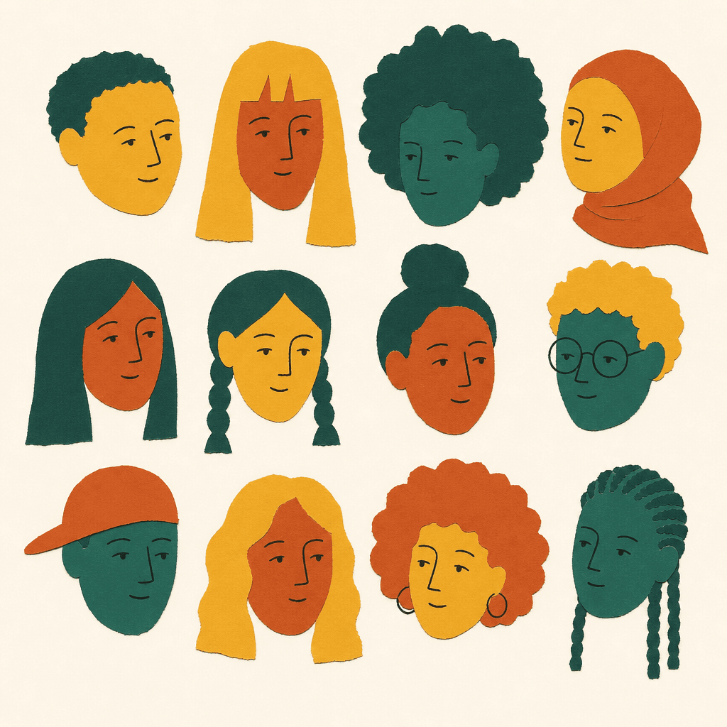 Twelve flat cut-paper drawn faces with different hair textures, a headscarf, a cap, glasses and braids.