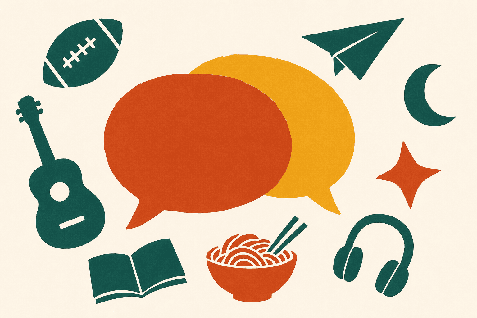 Flat cut-paper collage of two overlapping speech bubbles surrounded by a guitar, a book, a bowl of noodles, headphones and a paper aeroplane.